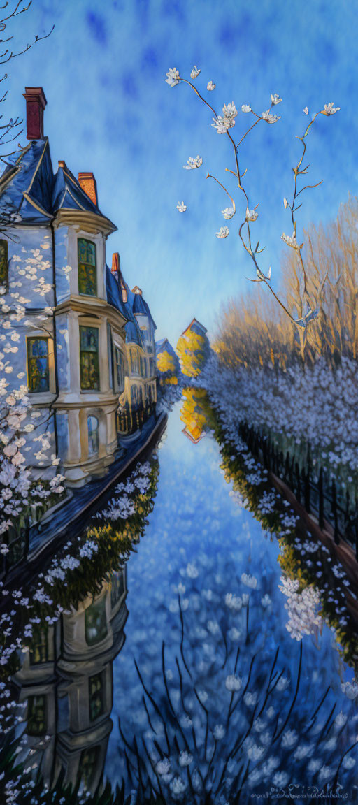 European-style buildings by serene canal in soft golden light with blossoming branches.