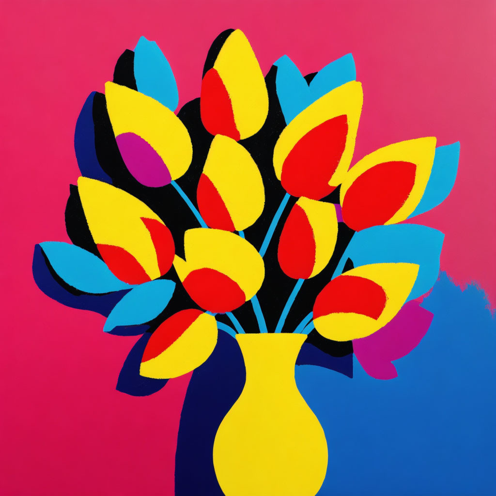 Colorful painting of yellow vase with blue and yellow tulips on pink and blue backdrop