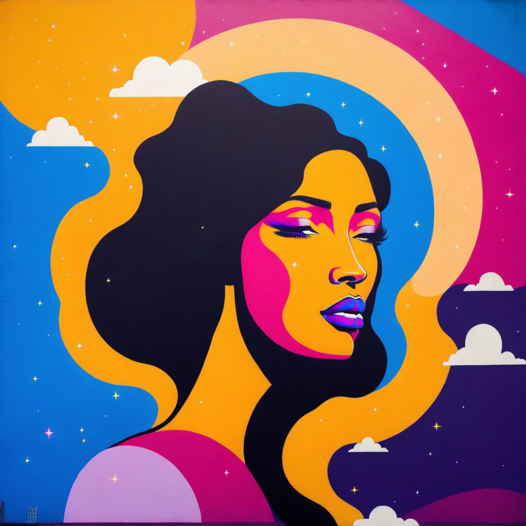 Colorful street art mural featuring stylized woman with flowing hair, stars, clouds, crescent moon