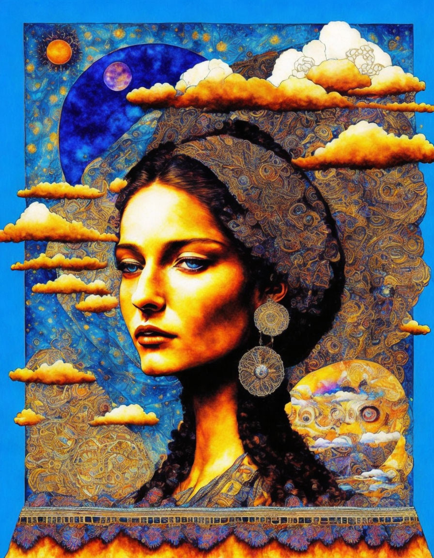 Colorful artwork of woman with intricate patterns in celestial setting