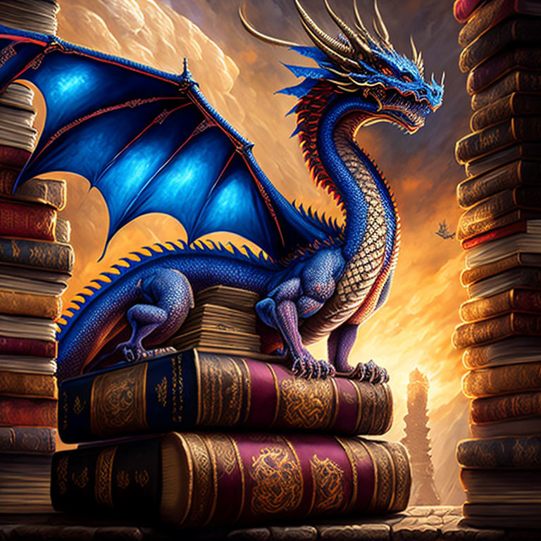 Blue dragon with horns and wings on antique books in library sunset scene