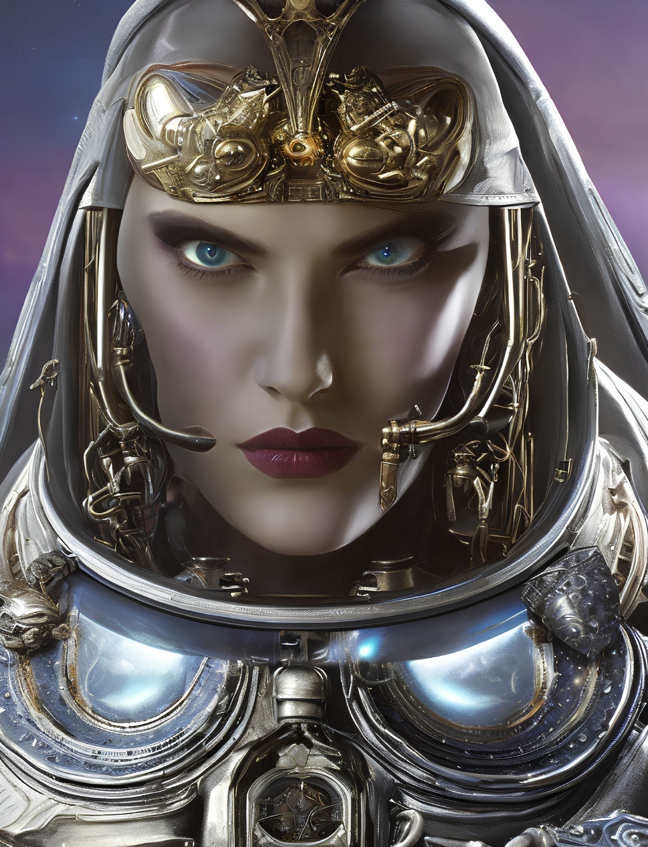 Detailed portrait of person in ornate sci-fi helmet with gold accents, intricate designs, clear visor