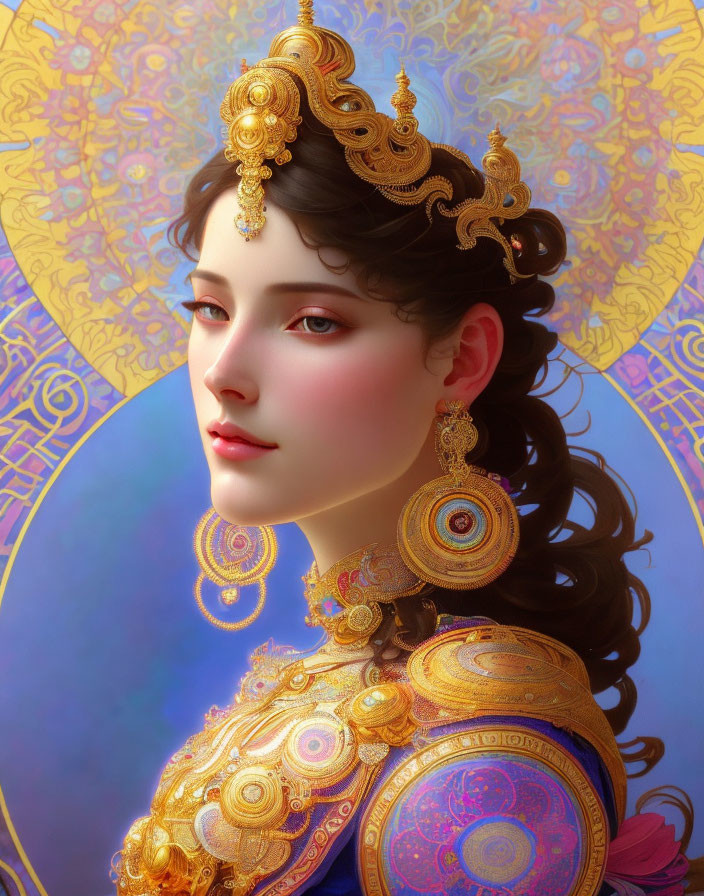 Intricate portrait of a woman in golden jewelry and headdress on blue backdrop