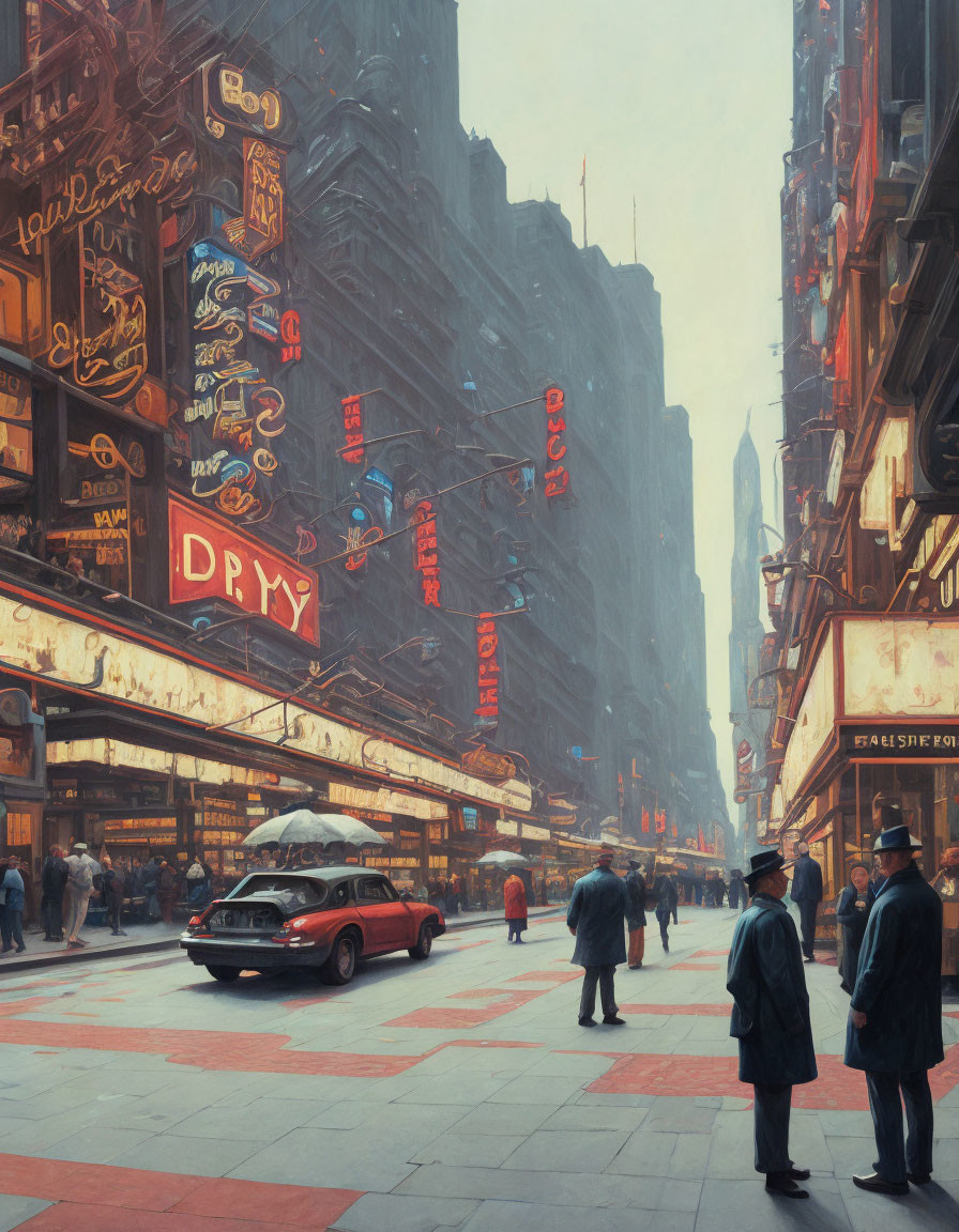 Vintage city street scene with neon signs, pedestrians, and old car under hazy sky