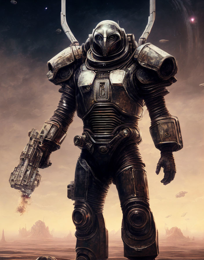 Futuristic astronaut in armored space suit on alien landscape with gun