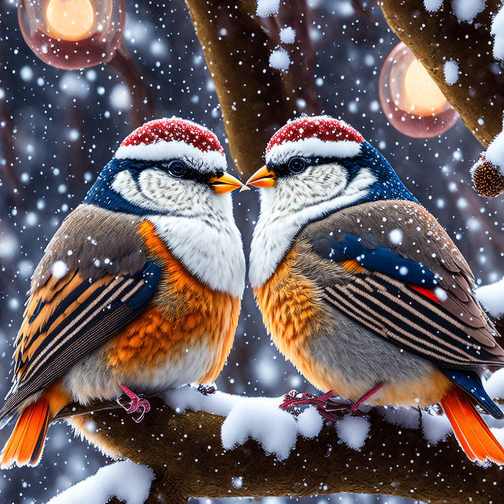 Colorful Birds with Striped Heads on Snowy Branch Amidst Falling Snowflakes