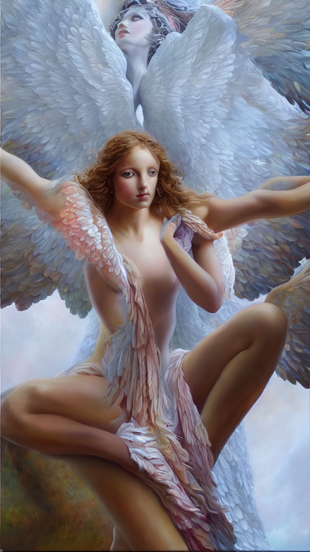 Ethereal beings with wings in a pastel-toned painting