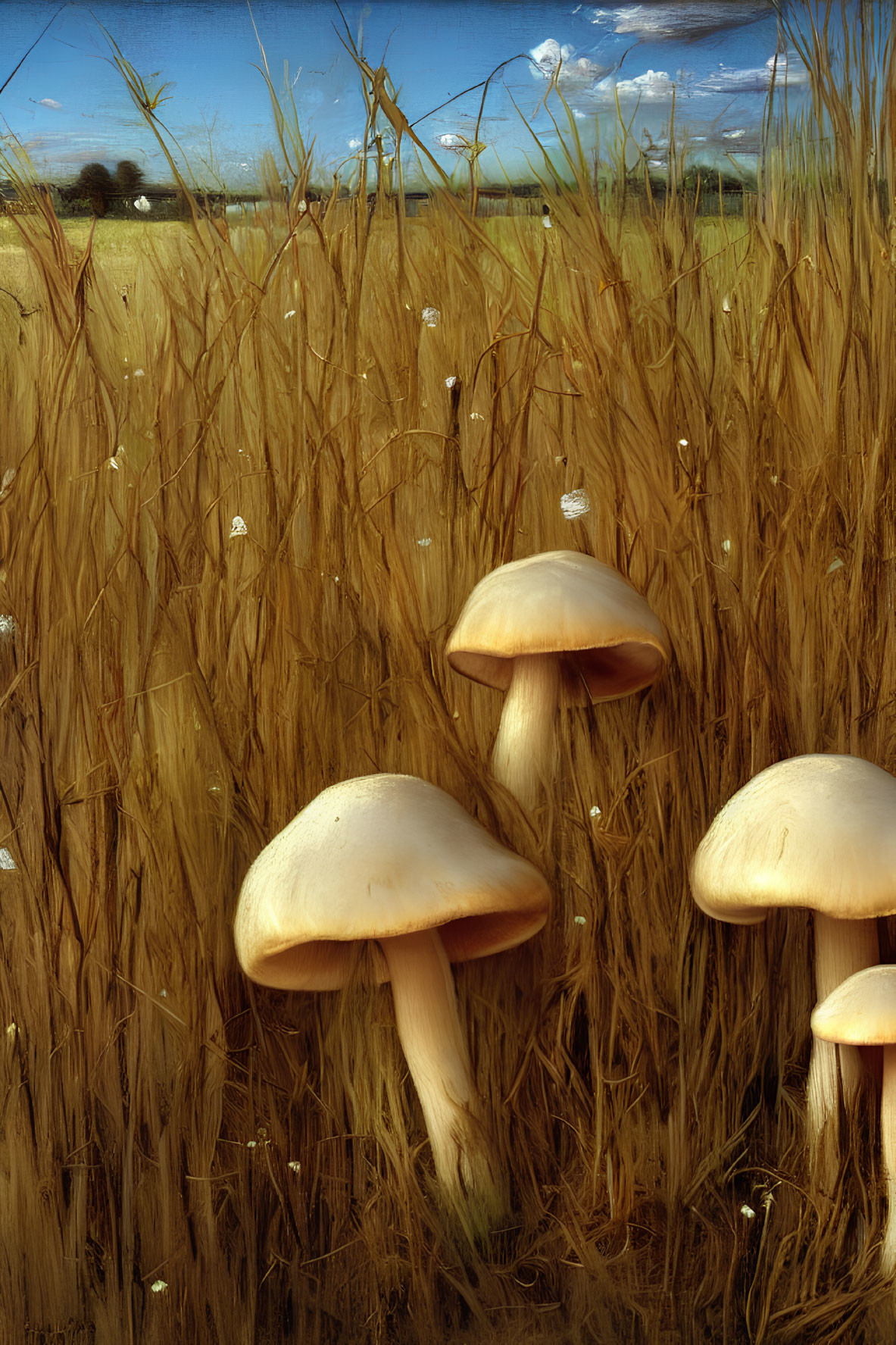 Rural landscape with golden wheat field and large mushrooms under blue sky