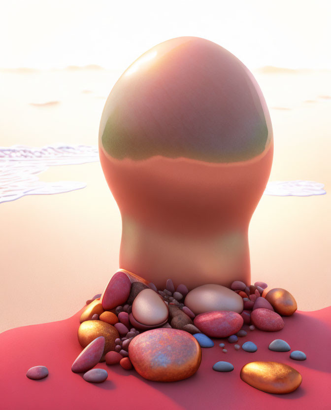 Reflective egg-shaped object on red ground with colorful stones, pinkish lighting, and gentle waves.