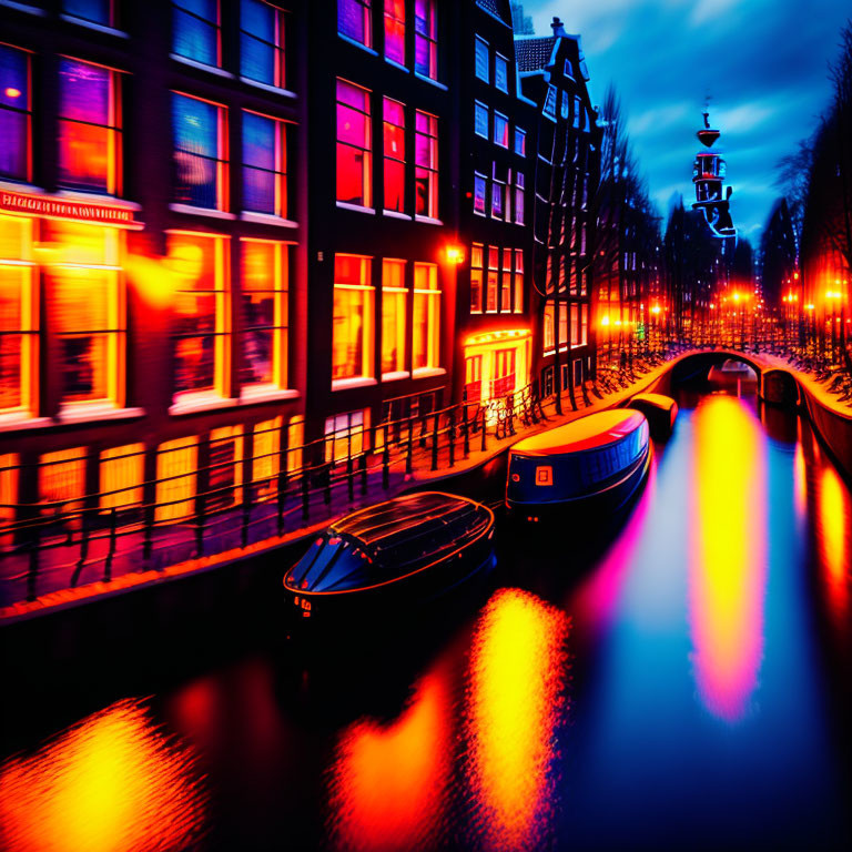 Amsterdam Canal Twilight Scene with Illuminated Windows and Docked Boats