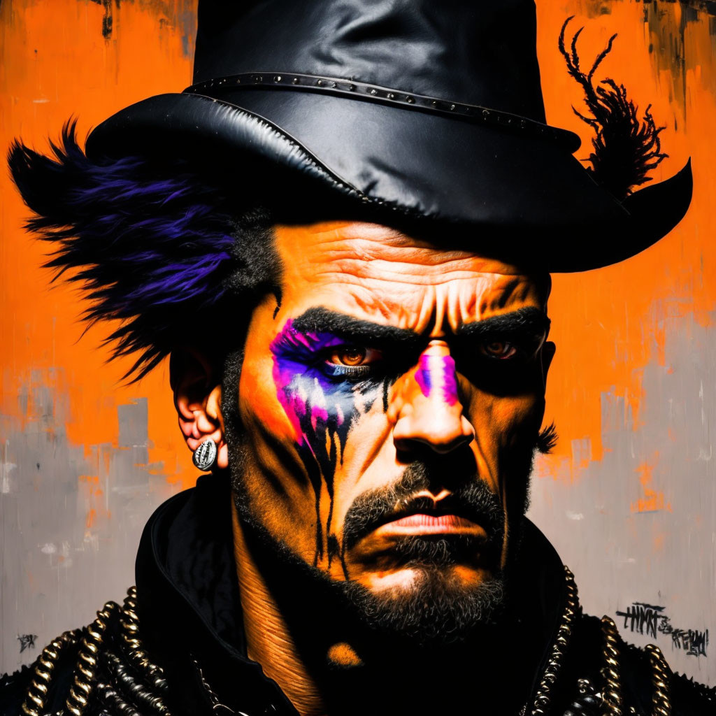 Stoic person in black hat with purple face paint on orange background