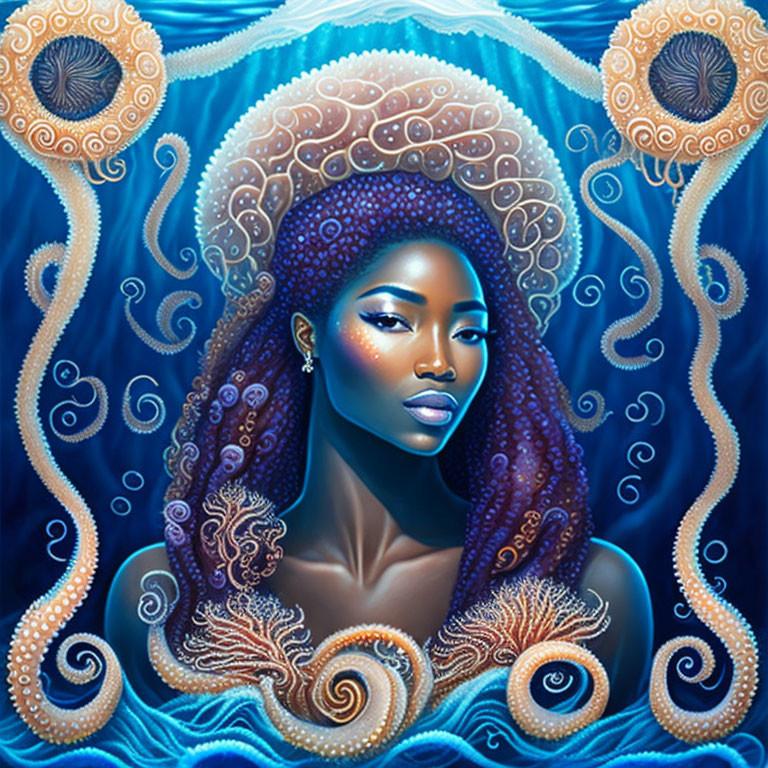 Stylized digital artwork: Woman with blue marine elements & octopus tentacles