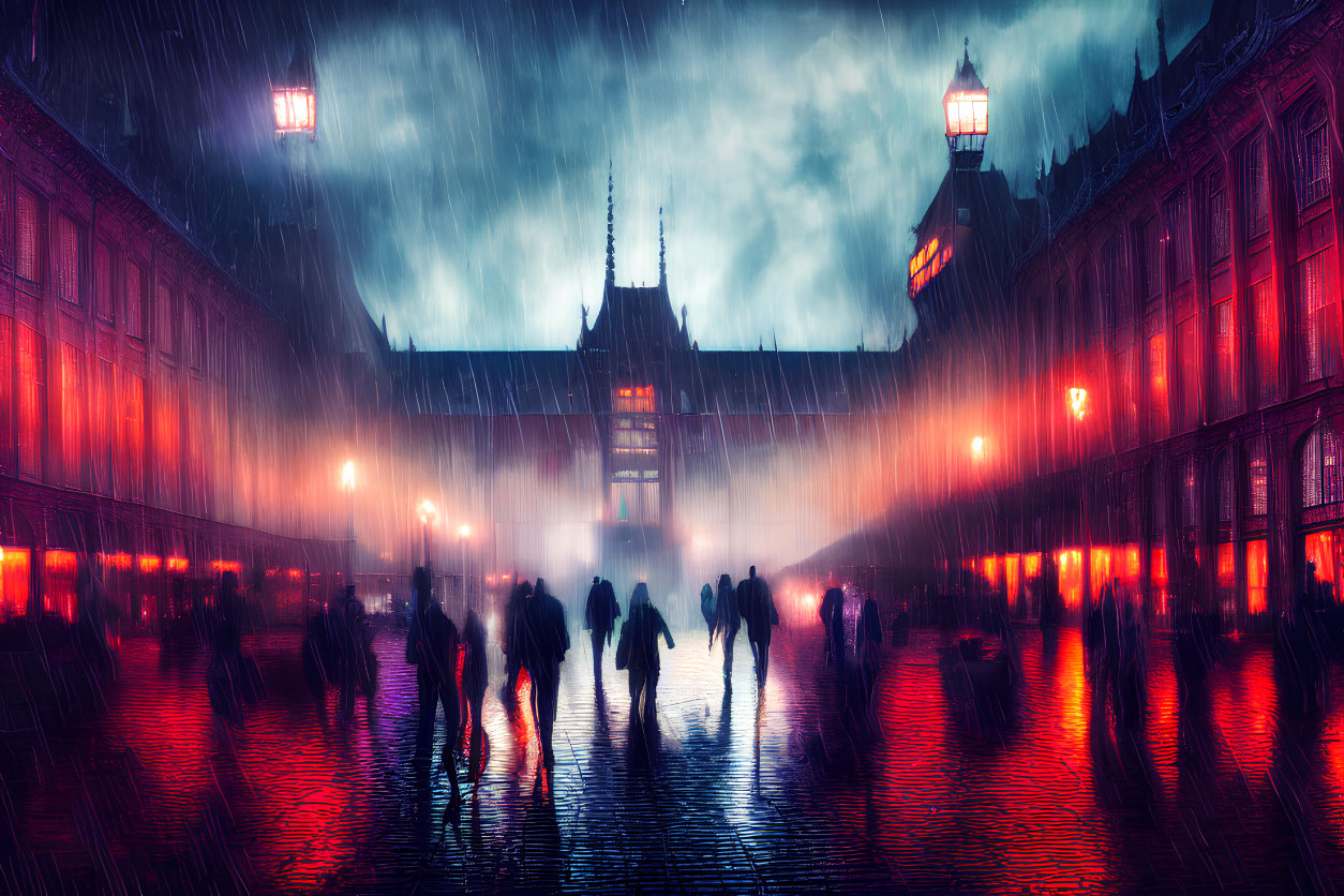 Silhouetted figures walking in the rain at night with red lights and gothic architecture