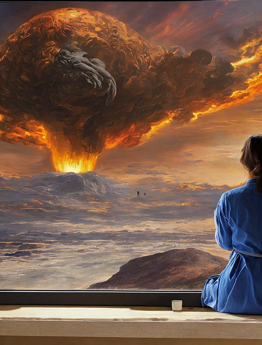 Person in blue robe observes volcanic eruption through window