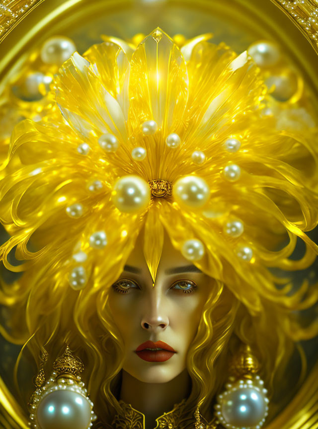 Portrait of a person with yellow hair wearing a golden crown and circular frame