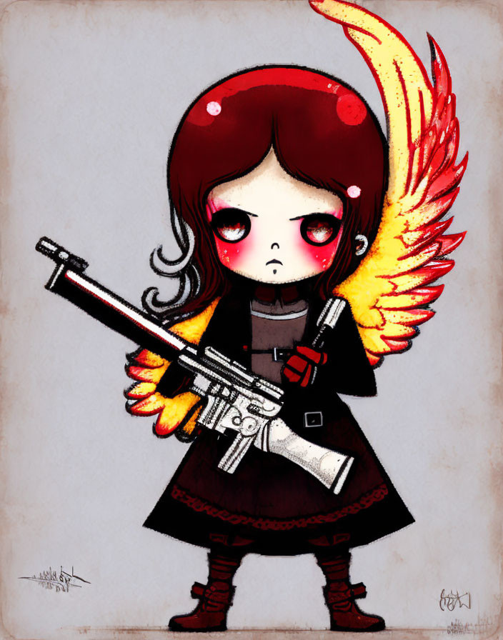 Stylized chibi character with red eyes, scowl, sniper rifle, fiery wings