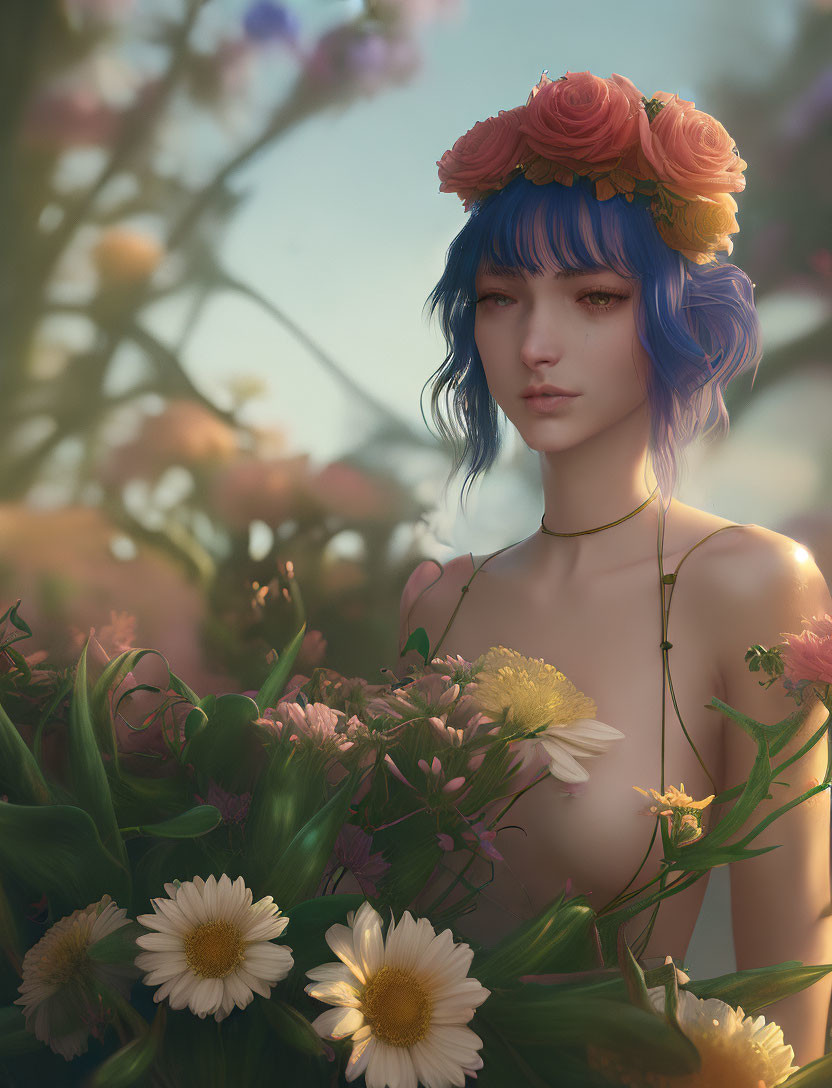 Blue-haired female figure with floral crown in serene floral setting