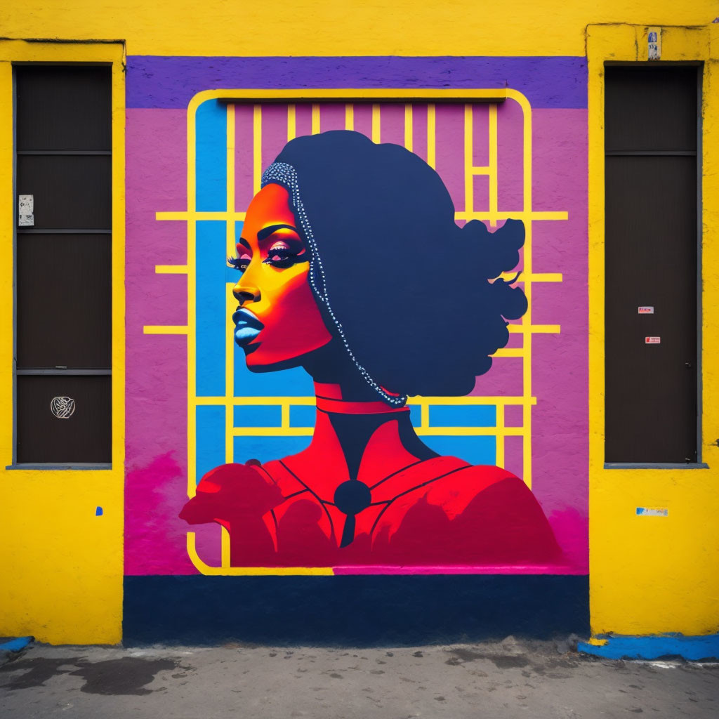 Colorful street art mural: Woman's profile on purple and yellow background with geometric patterns.