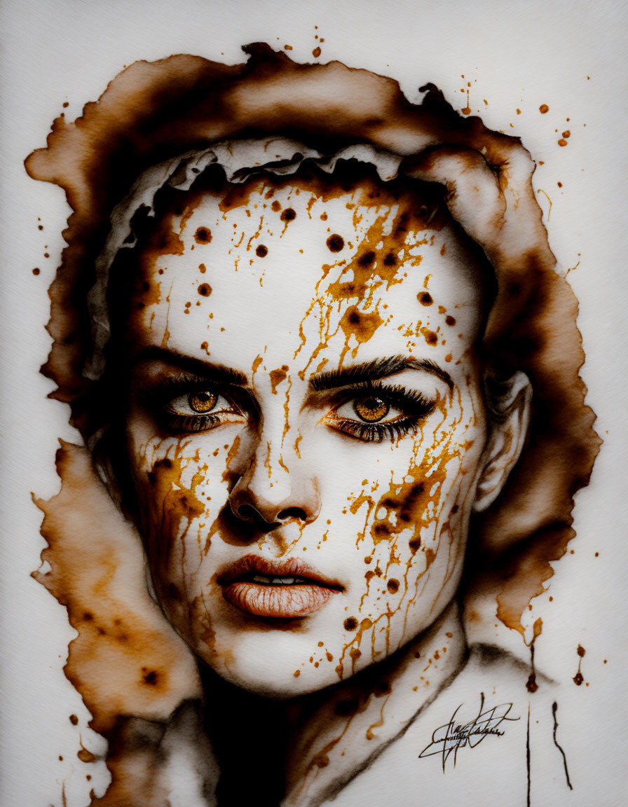 Intense Eyes Woman Portrait with Dramatic Brown Ink Splatter