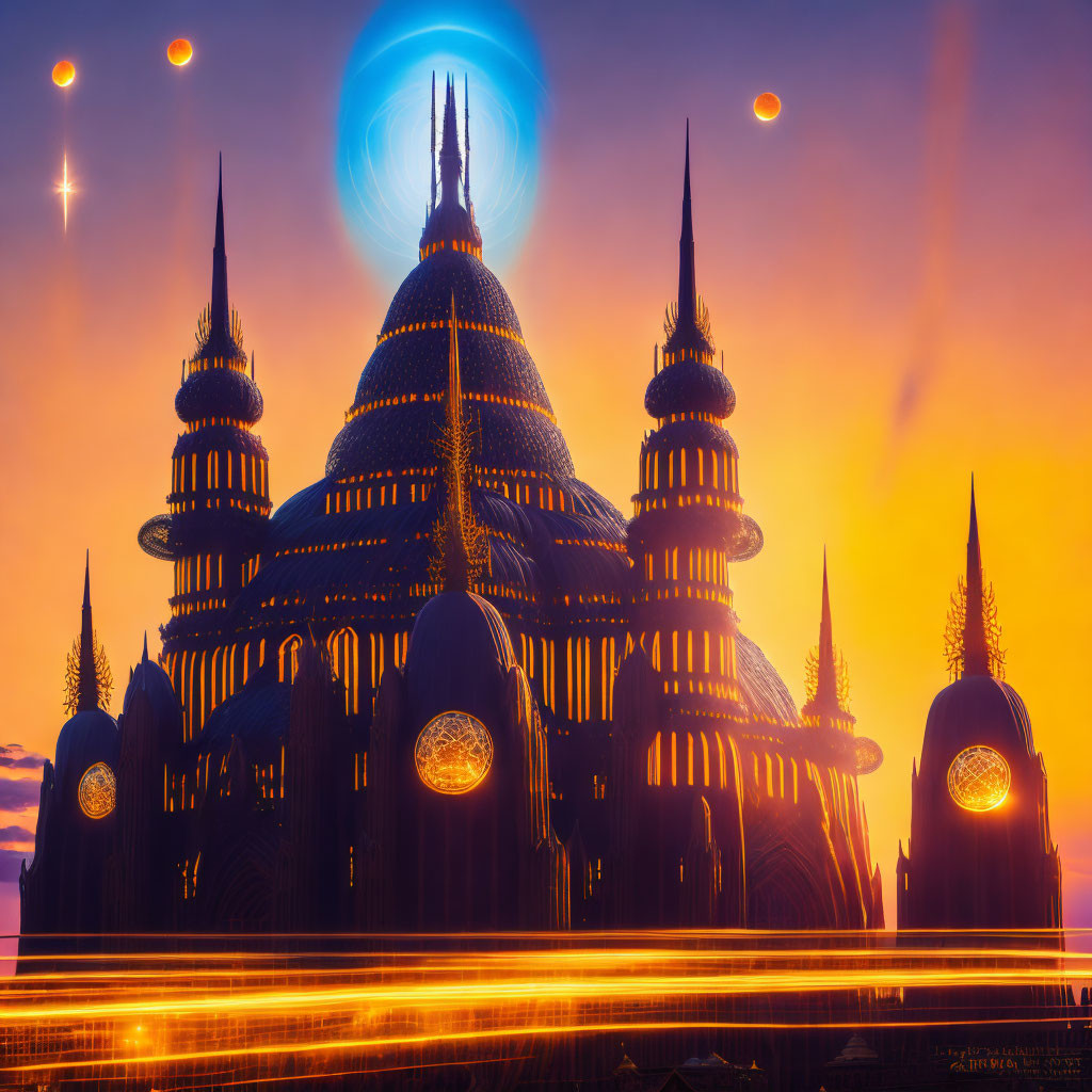 Futuristic palace with glowing windows at sunset under celestial sky