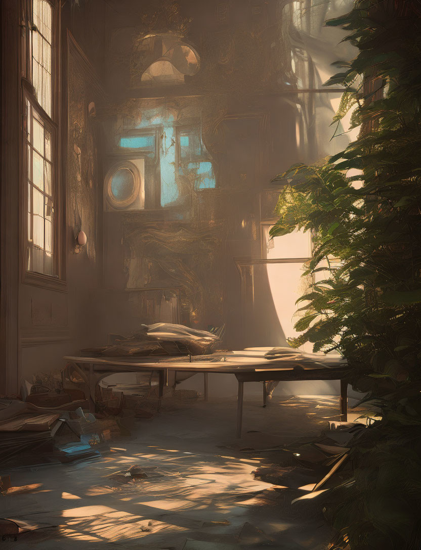 Abandoned room with sunlight, overgrown plants, and serene decay