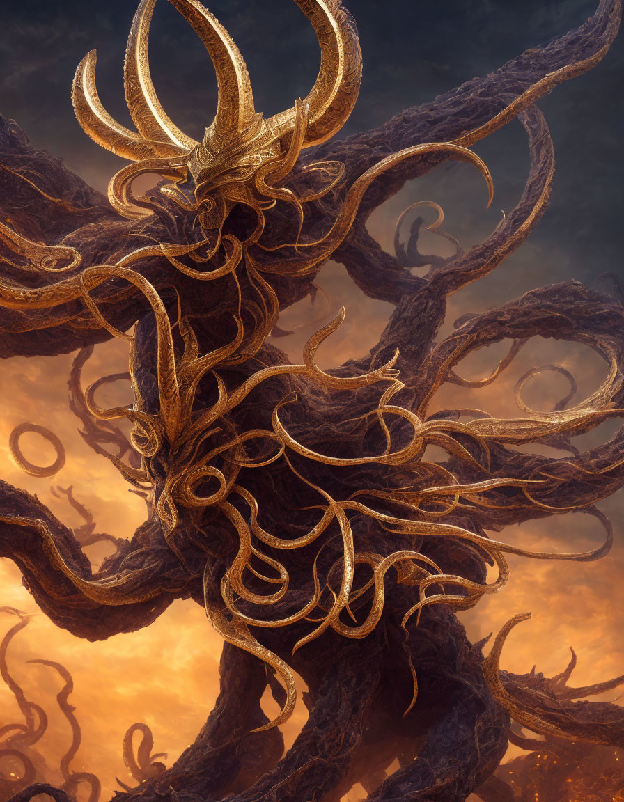 Majestic mythical creature with golden horns in dramatic sky