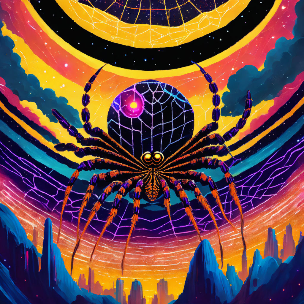 Colorful digital artwork featuring giant spider in cosmic setting