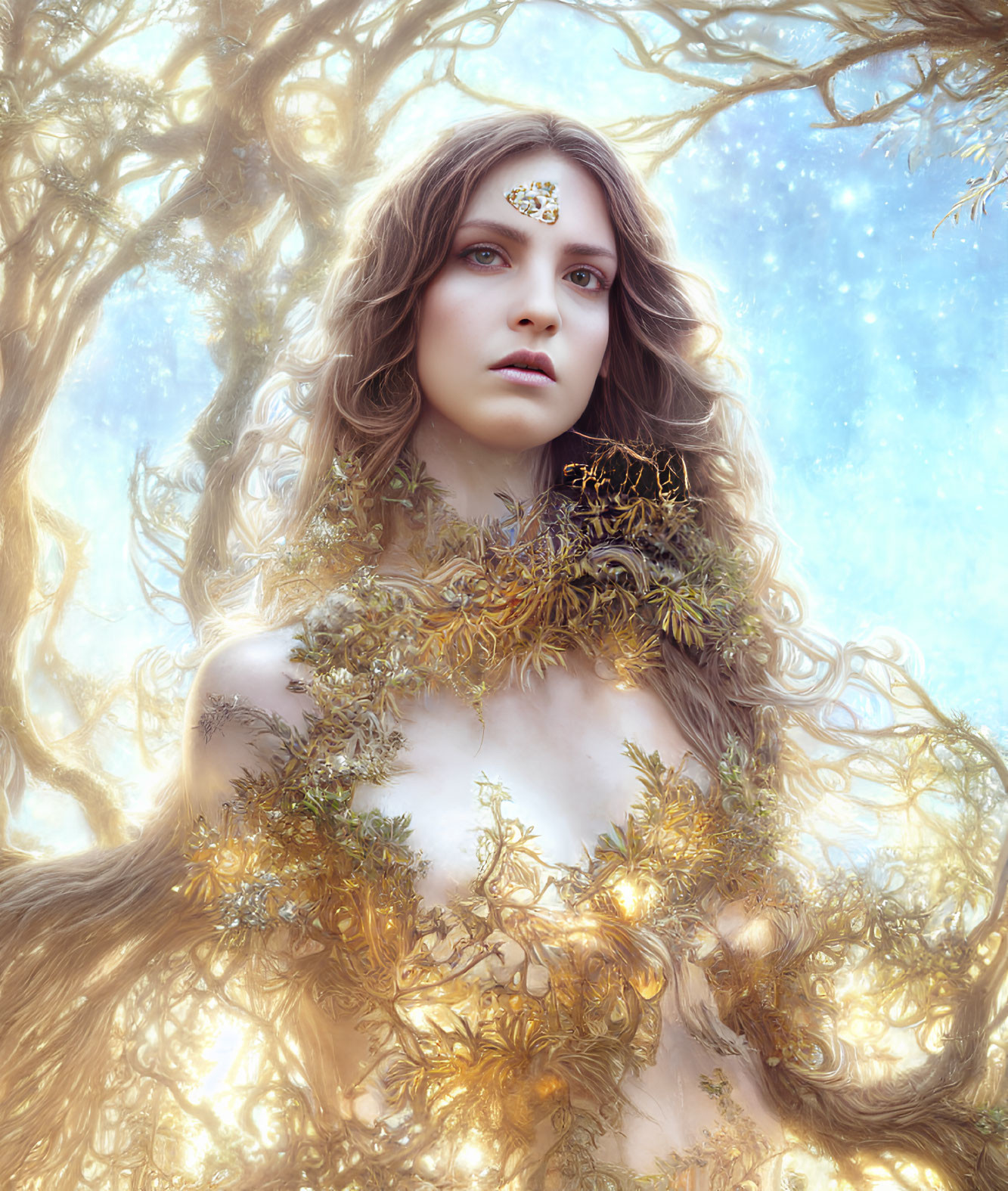 Mystical woman with botanical adornments in ethereal setting