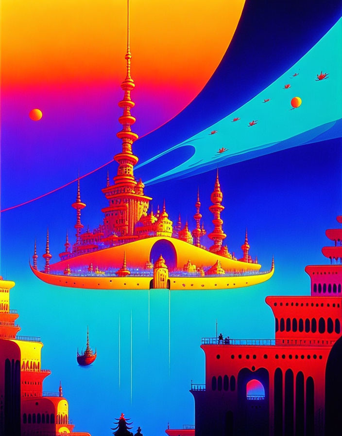 Futuristic sci-fi cityscape with floating buildings and colorful celestial bodies