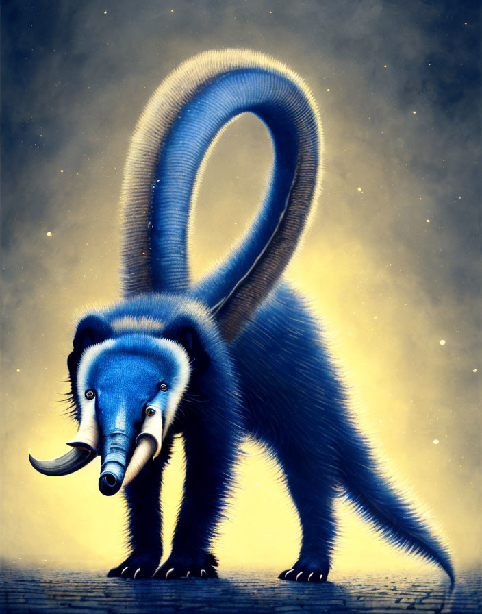 Surreal Painting: Blue Long-Furred Creature with Anteater-Like Face and Looped