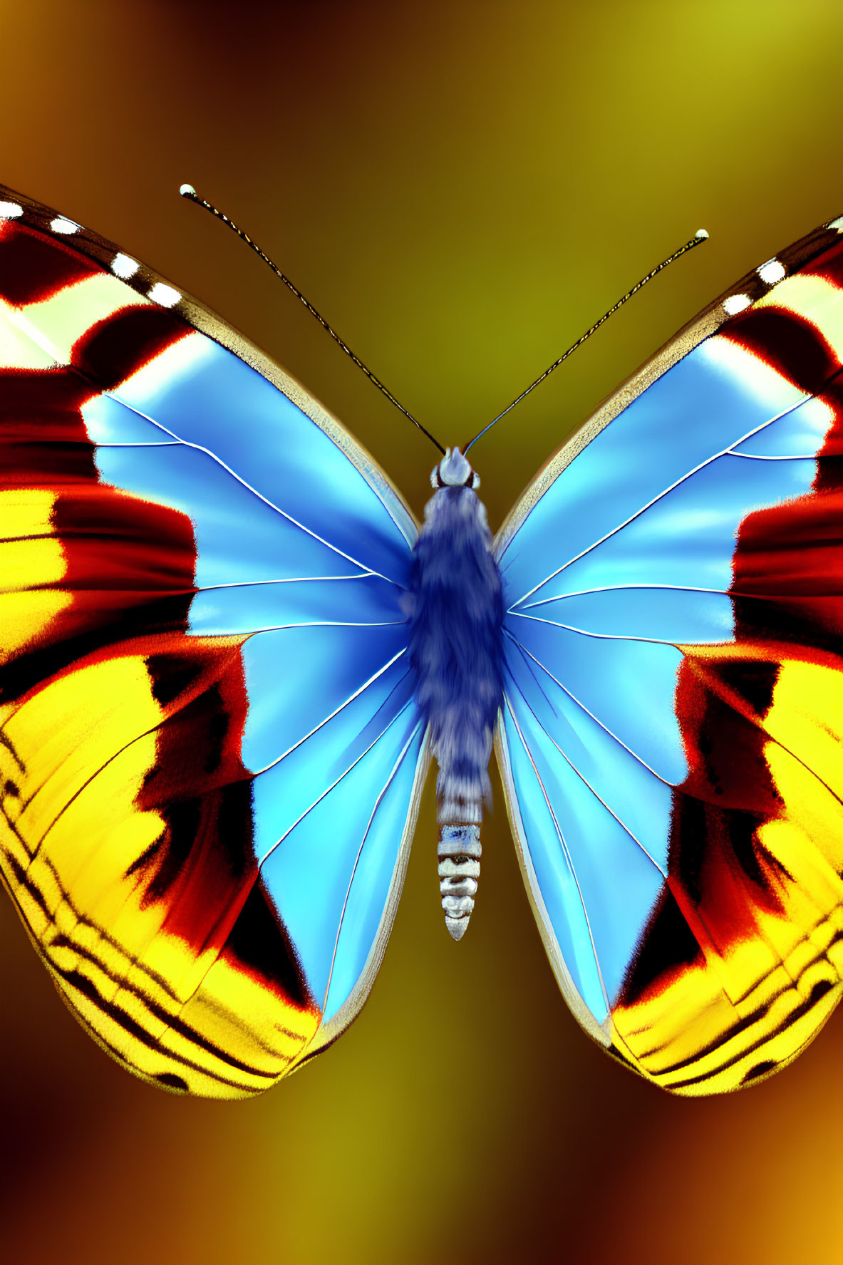 Colorful Butterfly with Blue and Orange Wings on Yellow and Brown Gradient Background