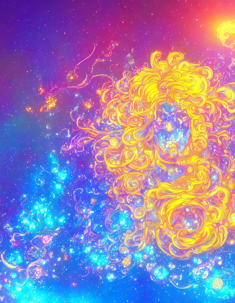 Colorful cosmic artwork: Golden curls and celestial bodies on a starry backdrop