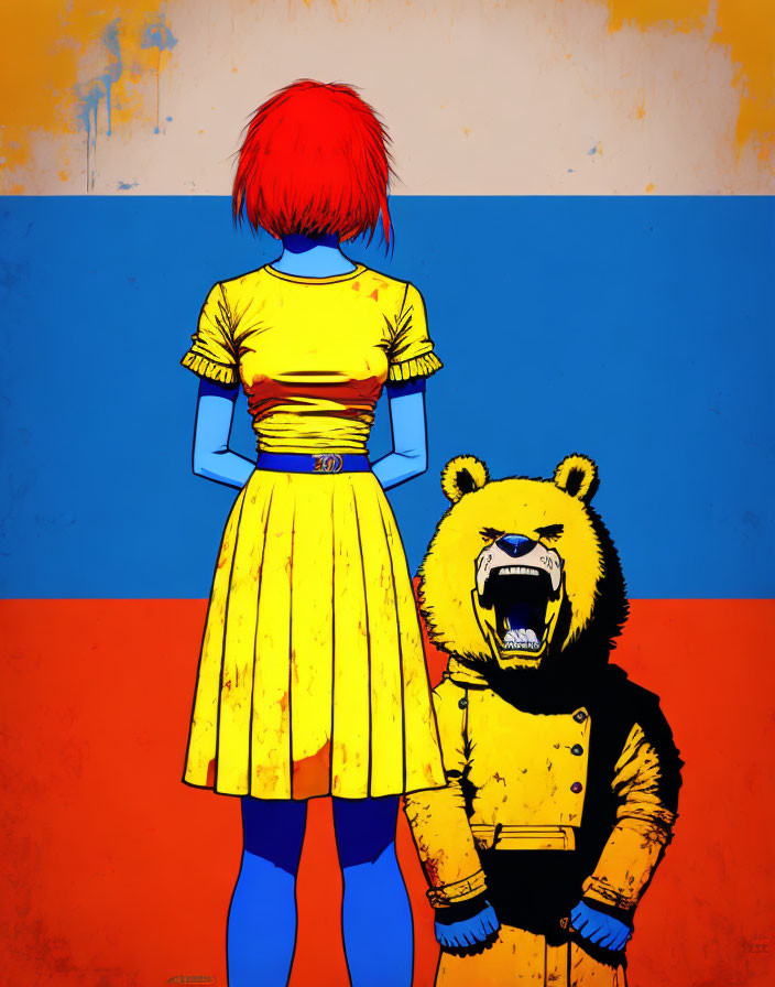 Red-haired person in yellow dress with bear costume figure on blue and orange background