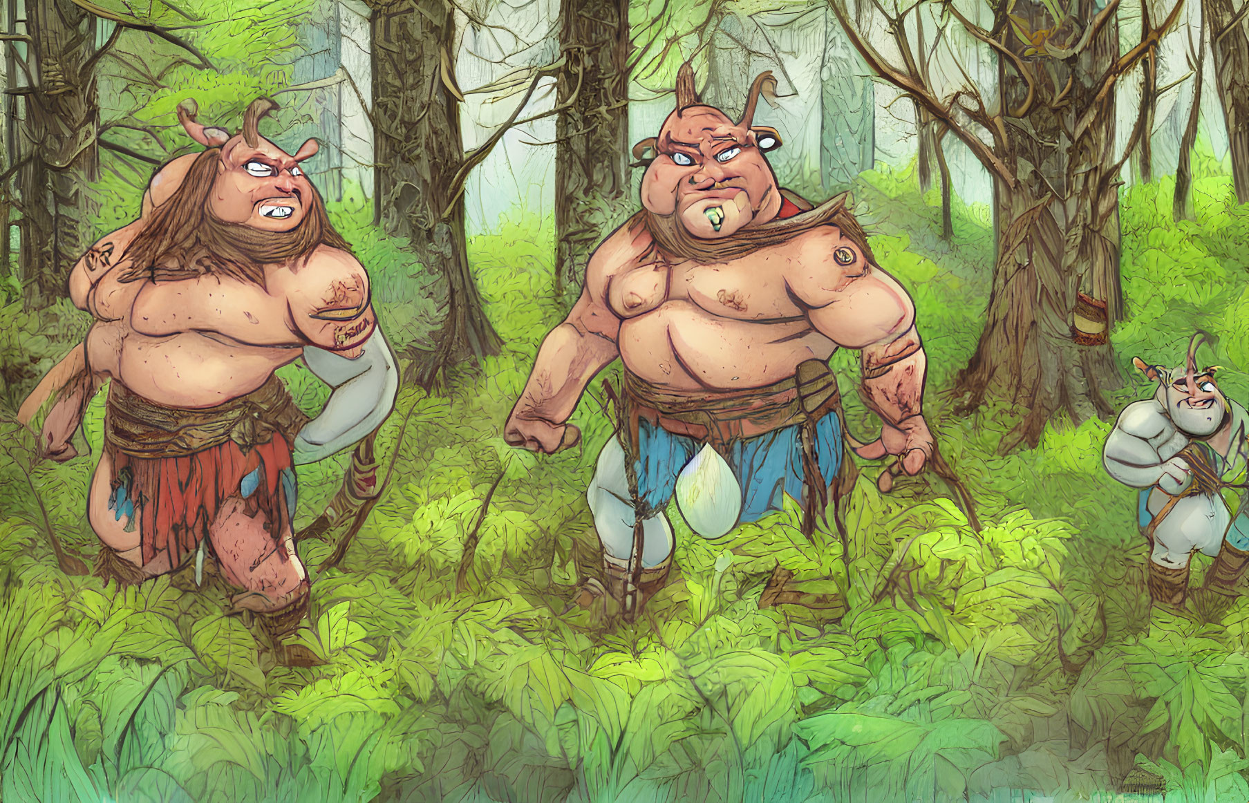 Three Cartoon Ogres in Forest: Two Tough, One Cheerful with Butterfly