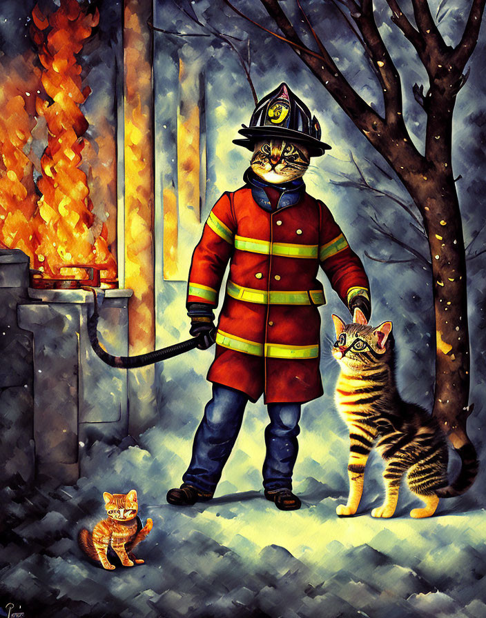 Colorful anthropomorphic cat firefighter and smaller cat beside burning building in stylized illustration