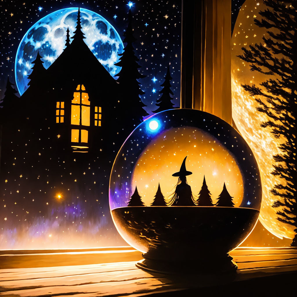 Crystal ball with witch silhouette by window overlooking night sky, full moon, stars, snowy house