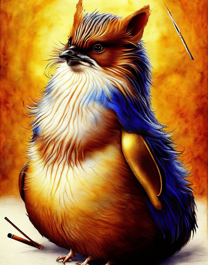 Fluffy bird with blue feather streak holding paintbrush and palette