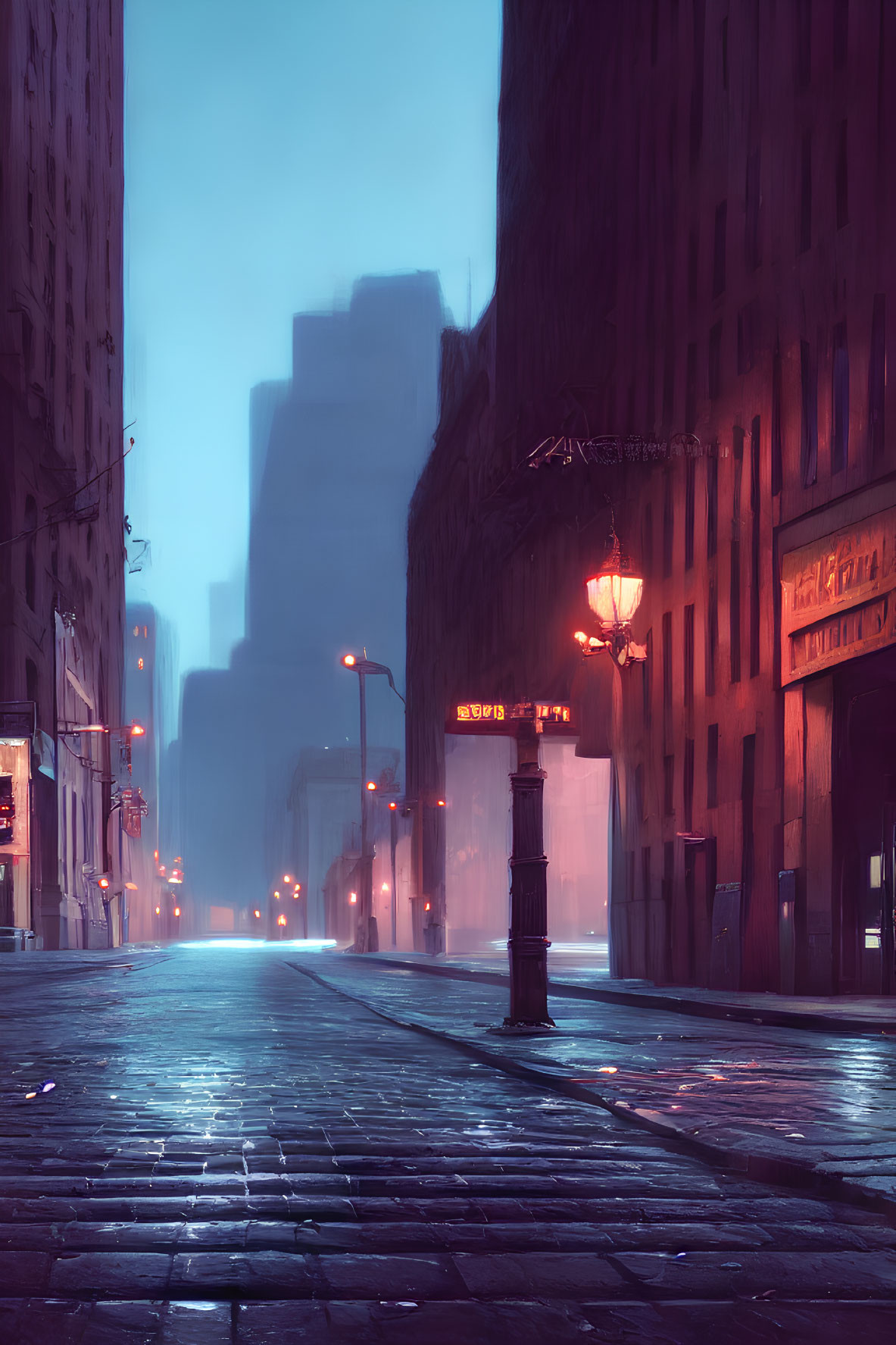 Misty urban street at twilight with glowing street lamps and towering buildings.