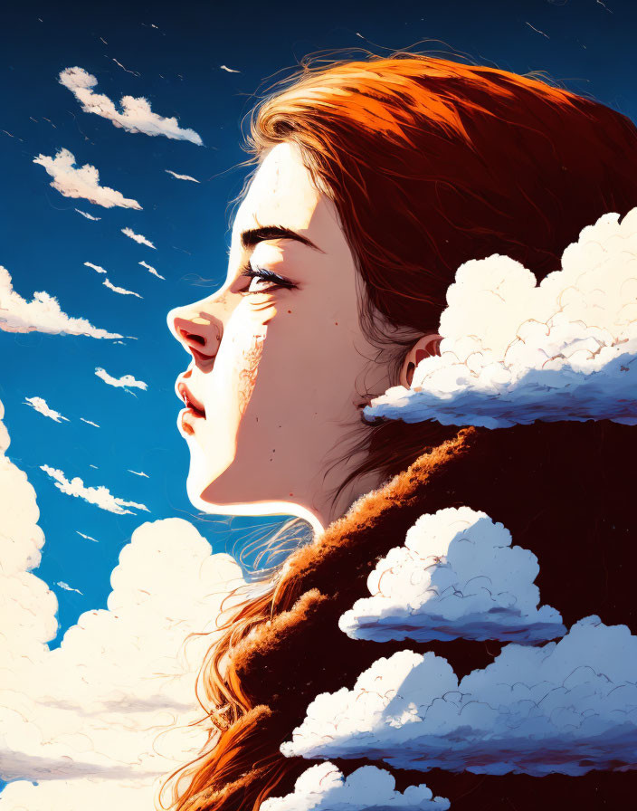 Red-Haired Woman Gazing at Blue Sky and Clouds