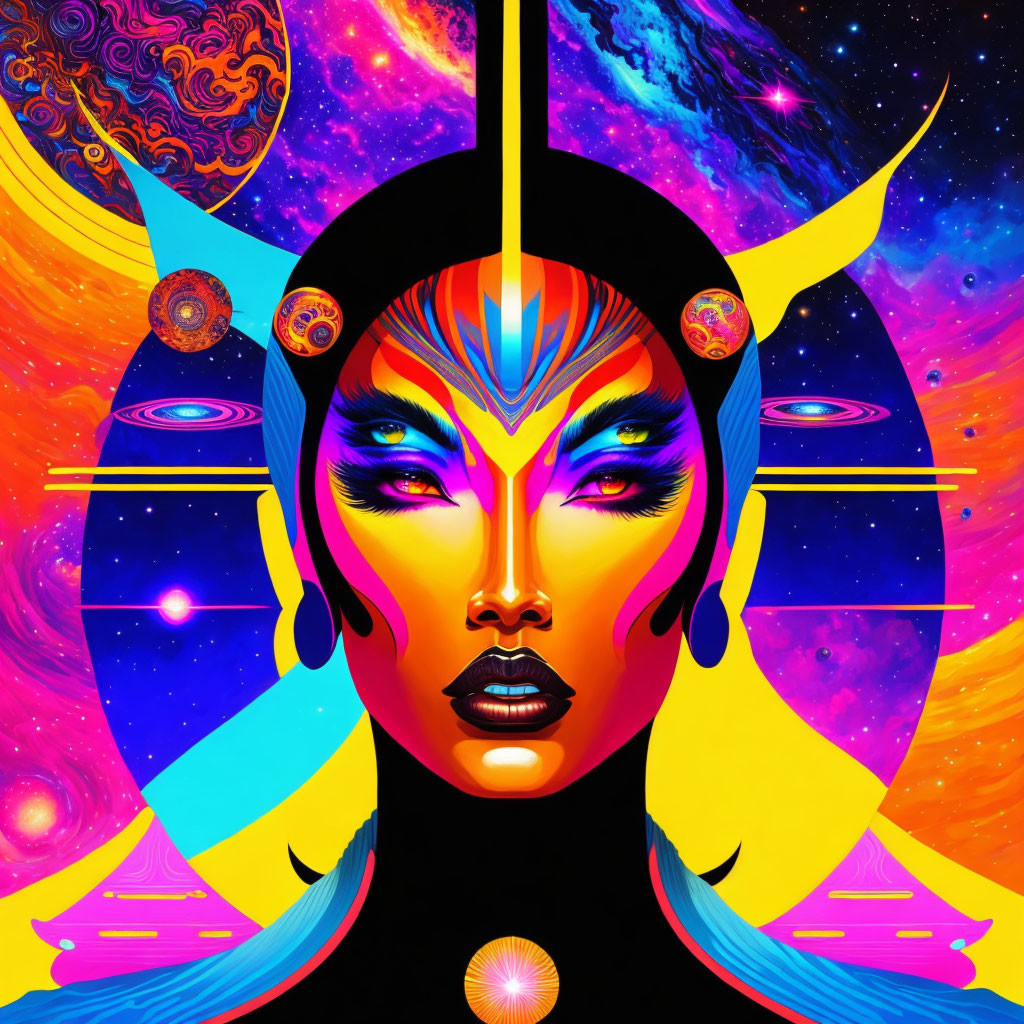 Colorful portrait of a woman with cosmic motifs in vivid hues