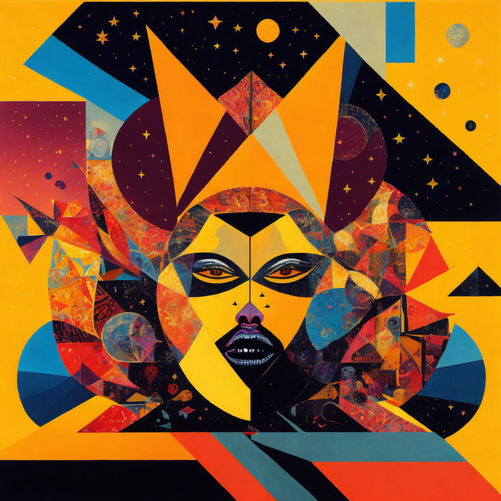 Abstract portrait with starry and geometric elements in orange, yellow, and black.