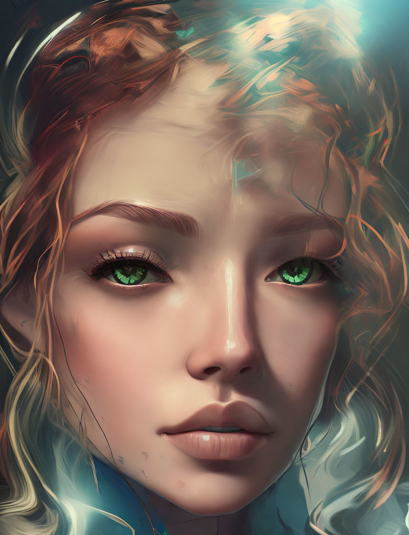 Portrait of a woman with green eyes and auburn hair in digital art