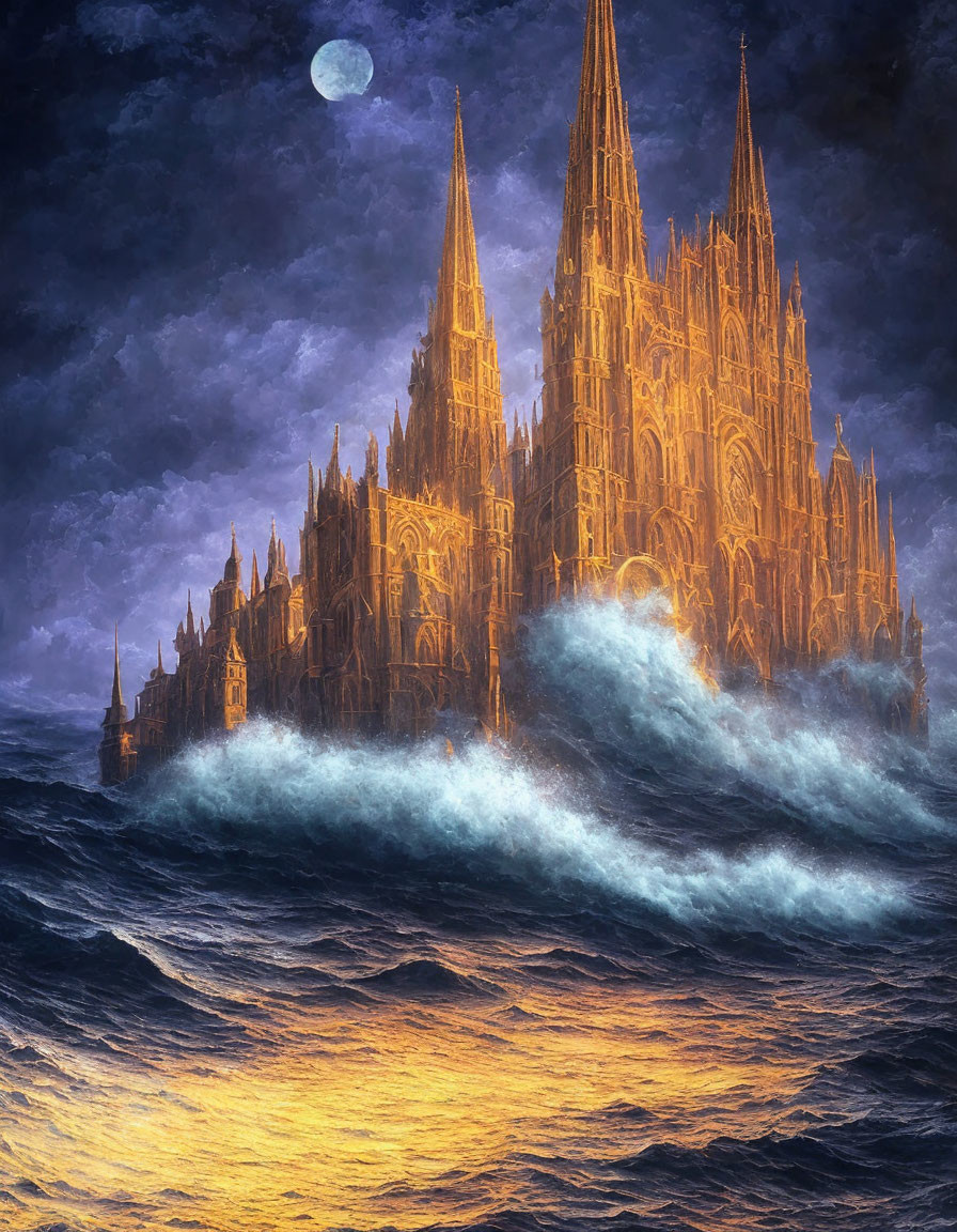 Gothic cathedral in stormy ocean waves at night