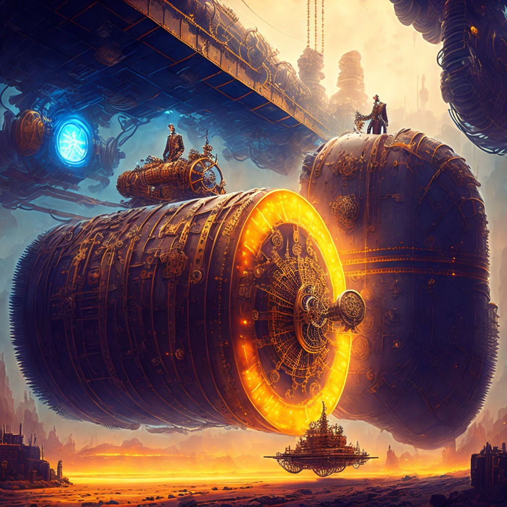 Detailed steampunk airships above glowing landscape