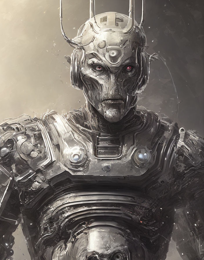 Detailed humanoid robot illustration with red eyes and metallic exoskeleton.