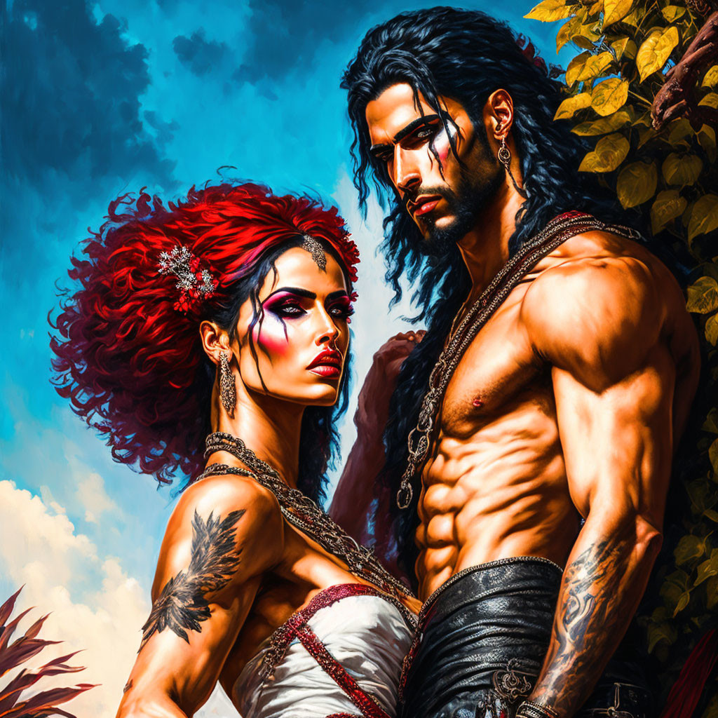 Muscular man and woman with vibrant red hair in fantasy setting