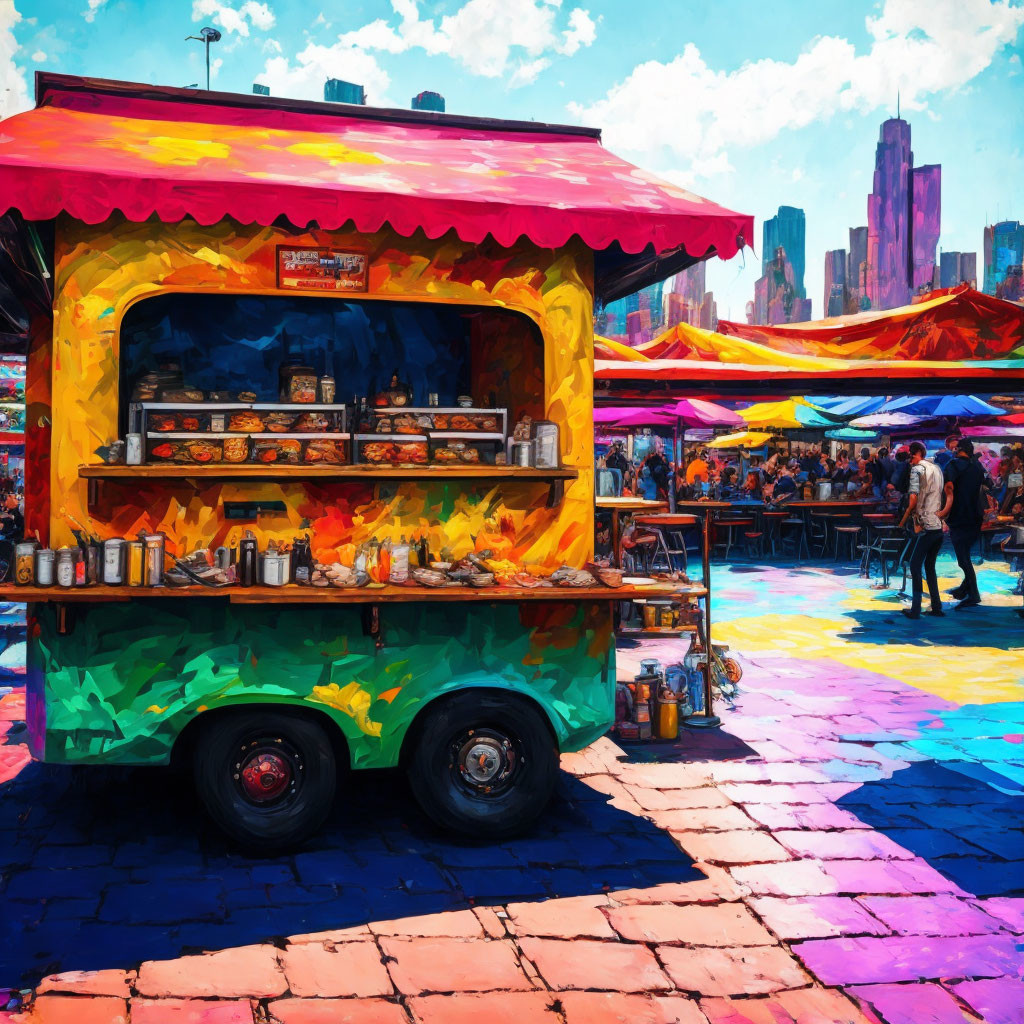 Colorful Food Truck Painting in Busy Market Scene