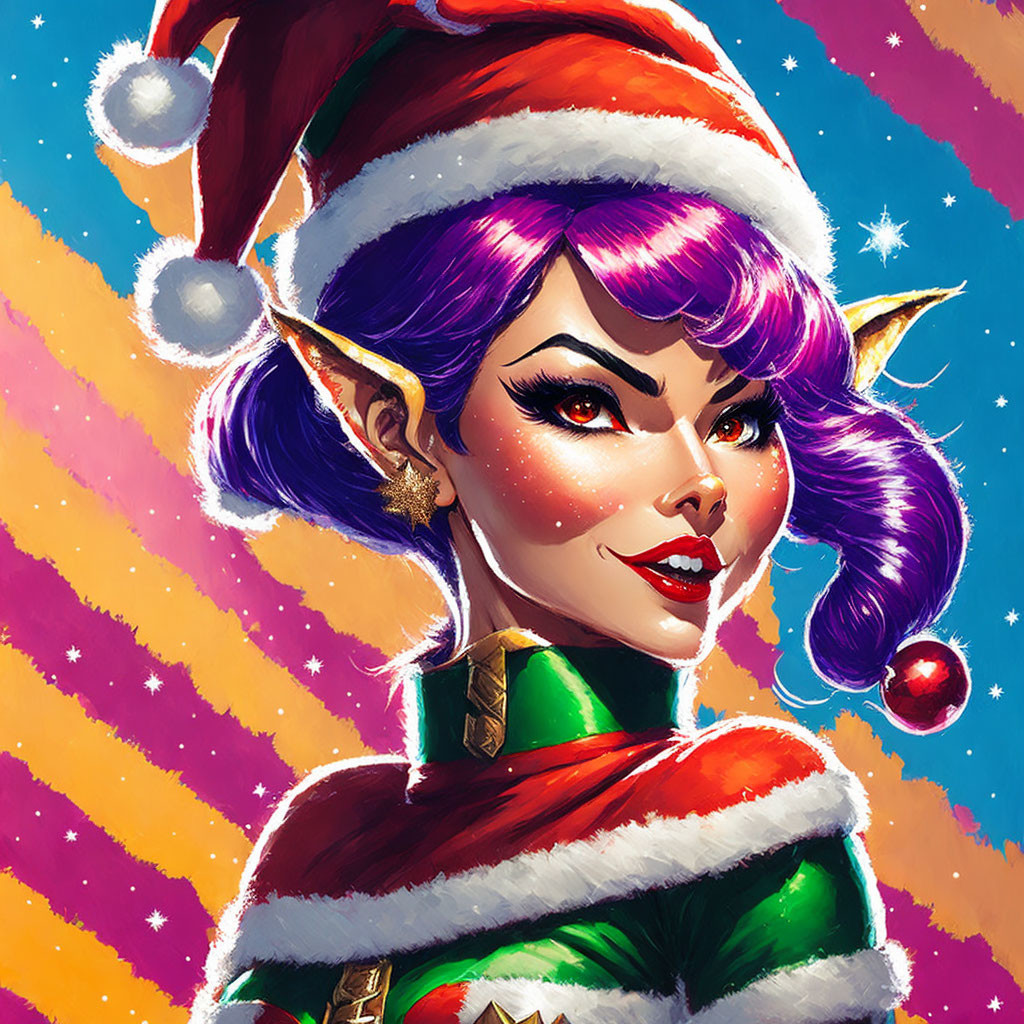 Female elf with purple hair in Santa hat & Christmas outfit on starry background