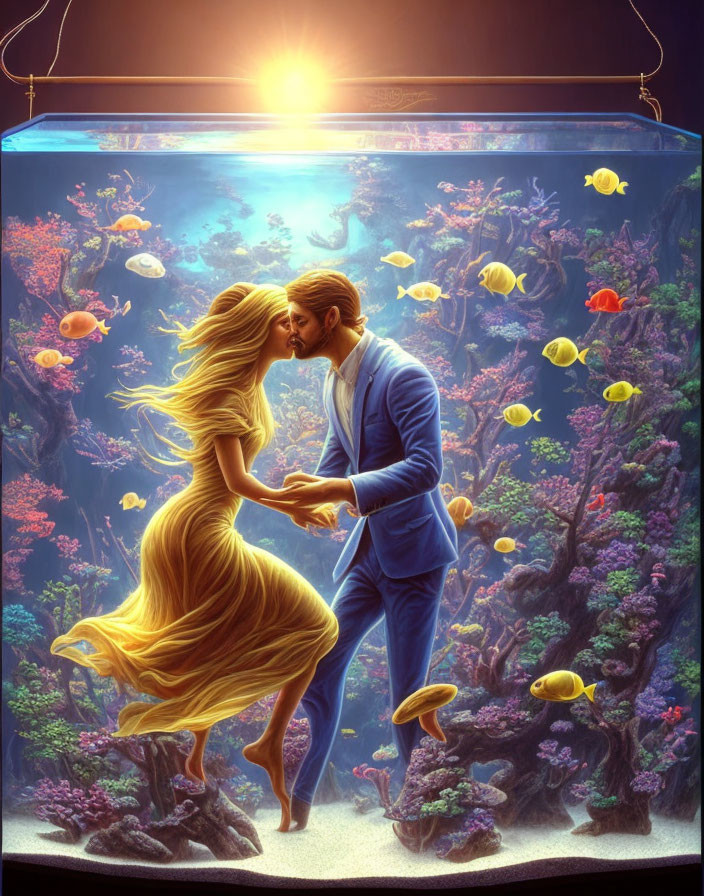 Couple kissing in colorful fish-filled ethereal aquarium