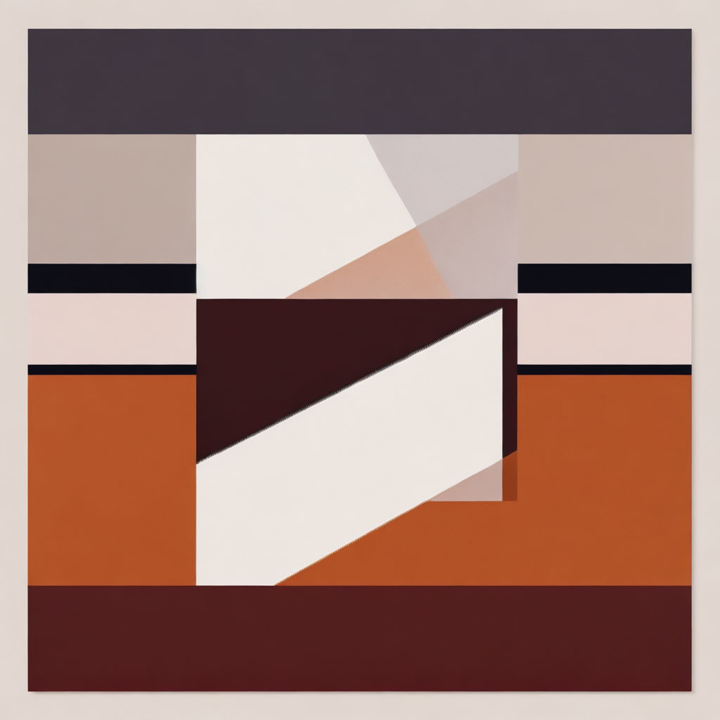 Geometric abstract art with overlapping rectangles and stripes in brown, beige, white, and black palette